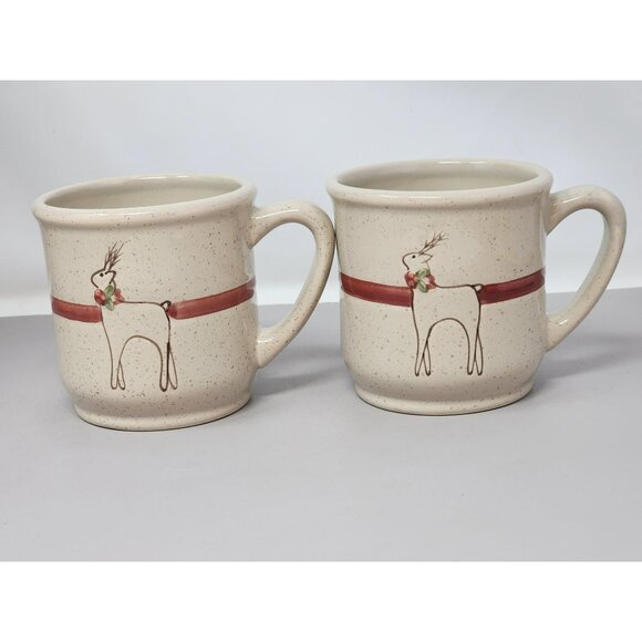 Set Of 2  Tender Heart Treasures Stoneware Mugs With Reindeer Design‎ & Red Band - Picture 2 of 9